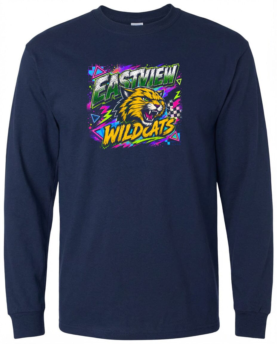 A navy blue long-sleeved t-shirt with a graphic design featuring a yellow and orange cat with a fierce expression, surrounded by colorful geometric shapes and text.