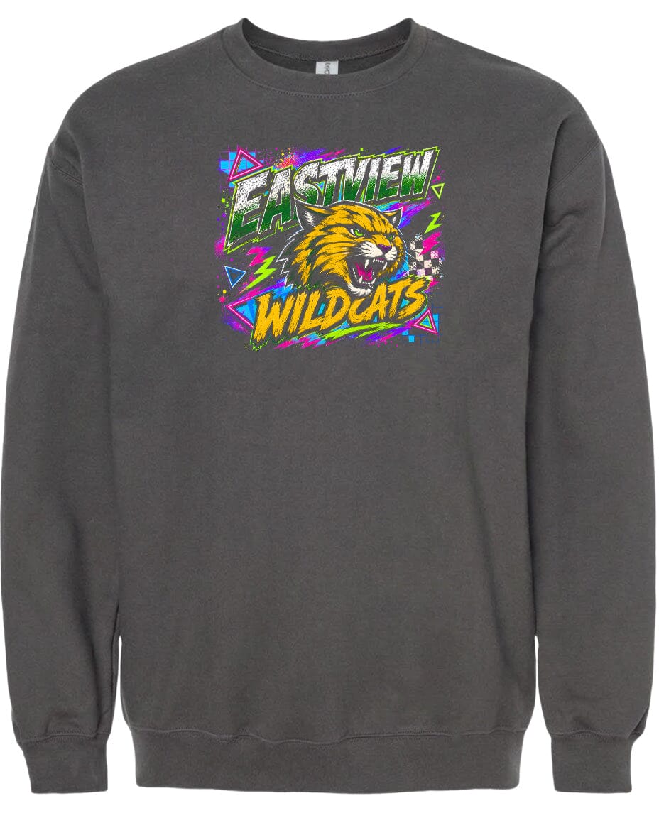 A gray sweatshirt with a graphic design featuring a fierce-looking cat and the text "EASTVIEW WILDCATS" in a colorful, retro-style font.