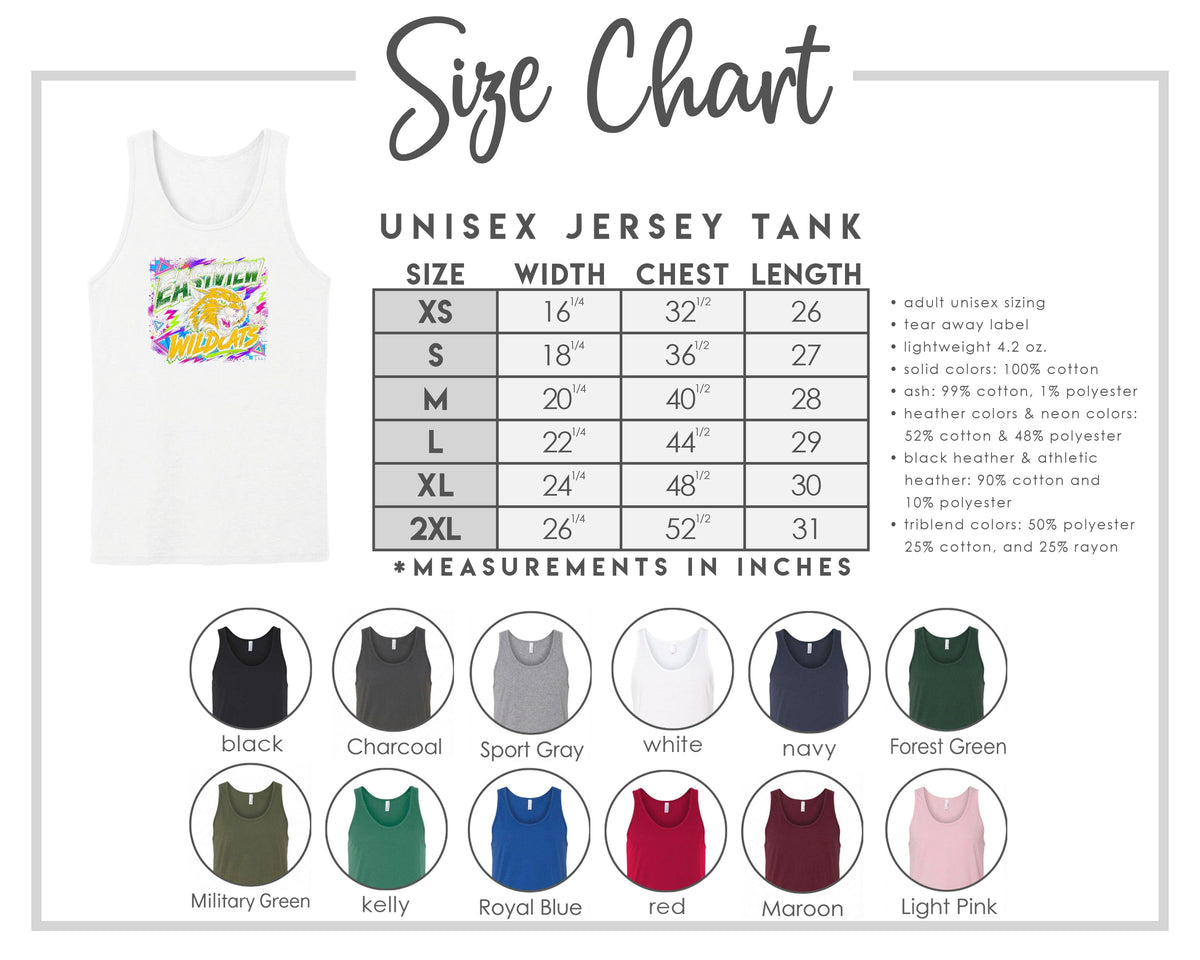 The image is a size chart for a unisex jersey tank, providing measurements for chest length, waist, and hip width. It includes a variety of tank colors and styles, such as black, charcoal, sport gray, navy, forest green, and light pink.
