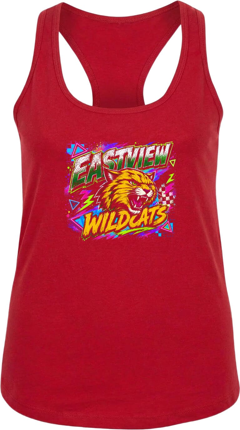 A red tank top with a graphic design featuring a cat's face and the text "EASTVIEW WILDCATS".