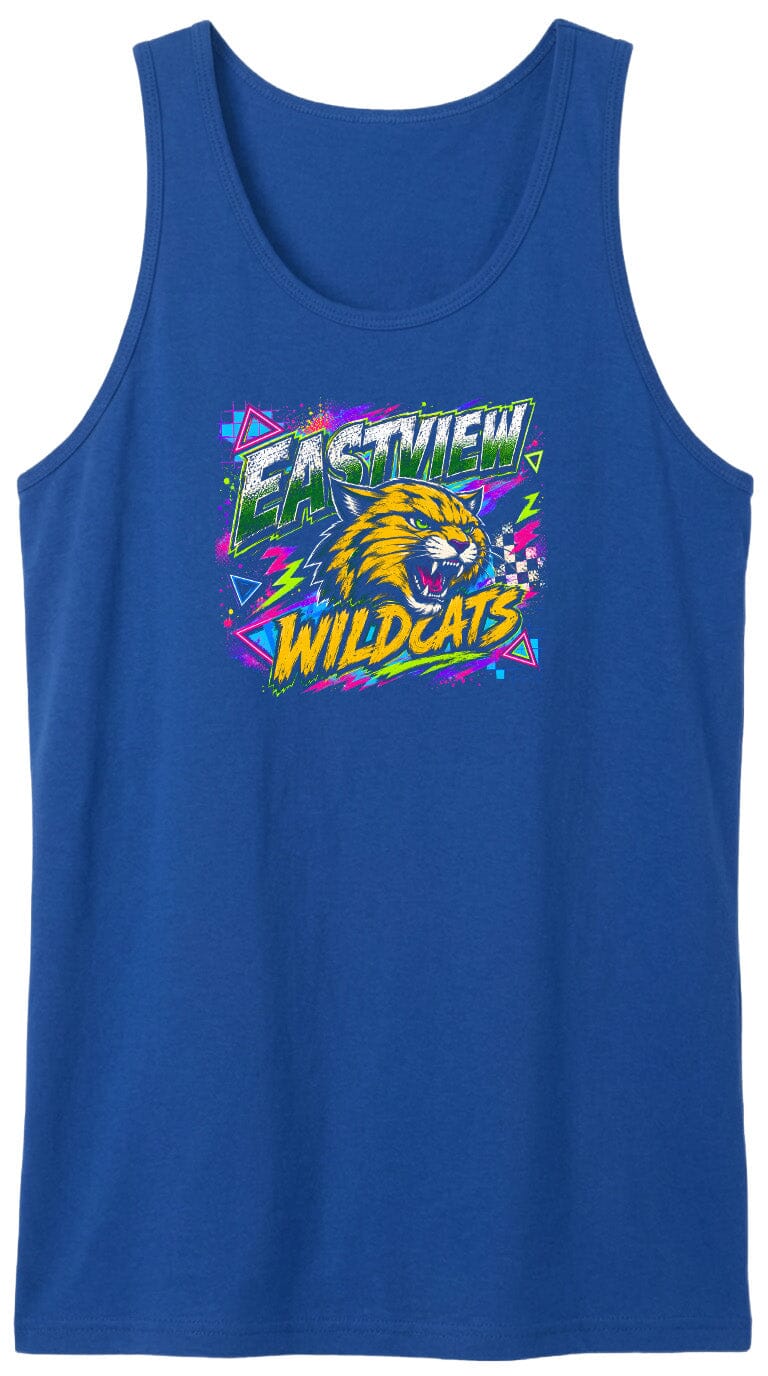 A blue tank top with a graphic design featuring a stylized tiger or wildcat with a colorful, neon-like background.