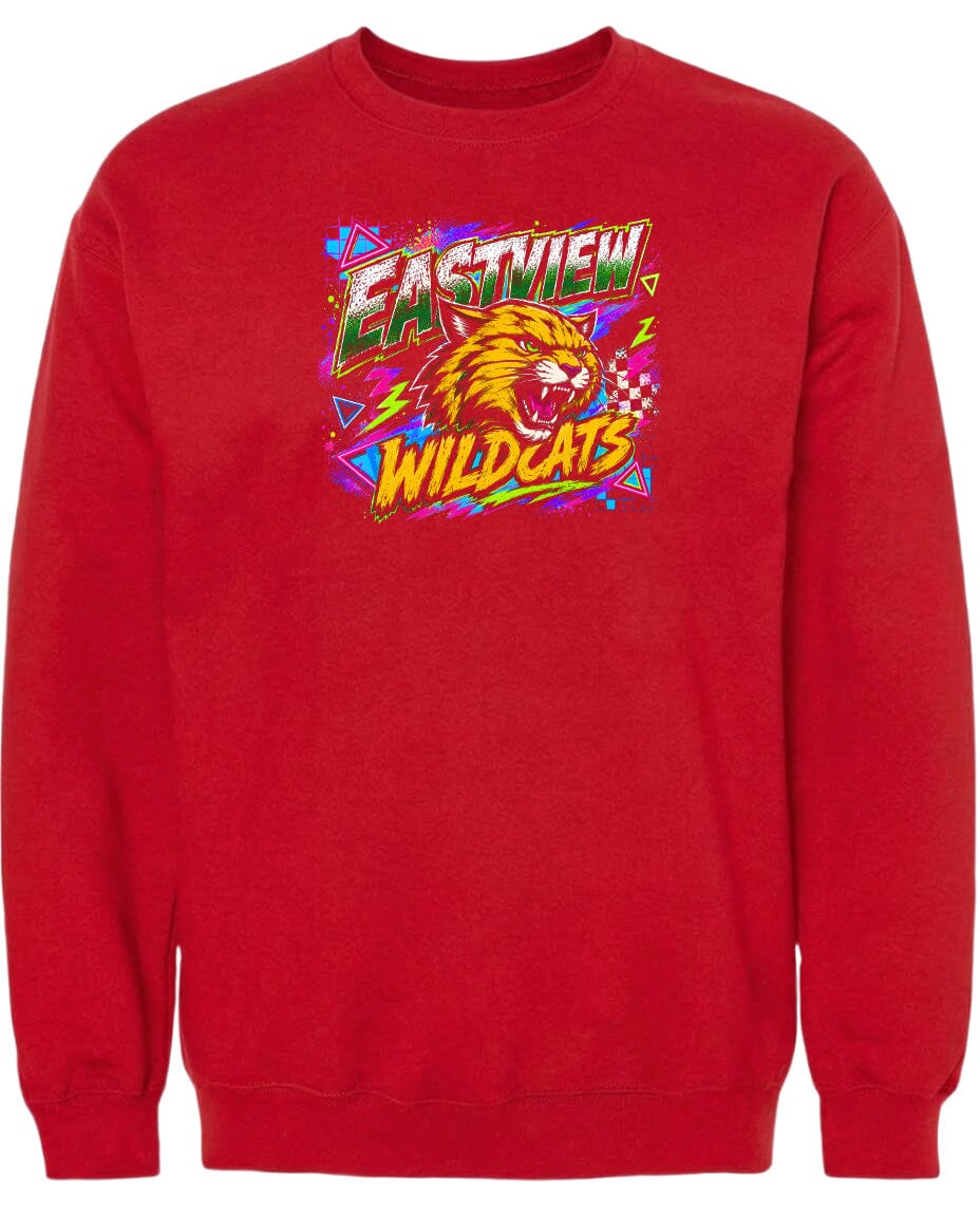 A red sweatshirt with a graphic design featuring a fierce-looking tiger or lion's head surrounded by colorful, abstract shapes and text.