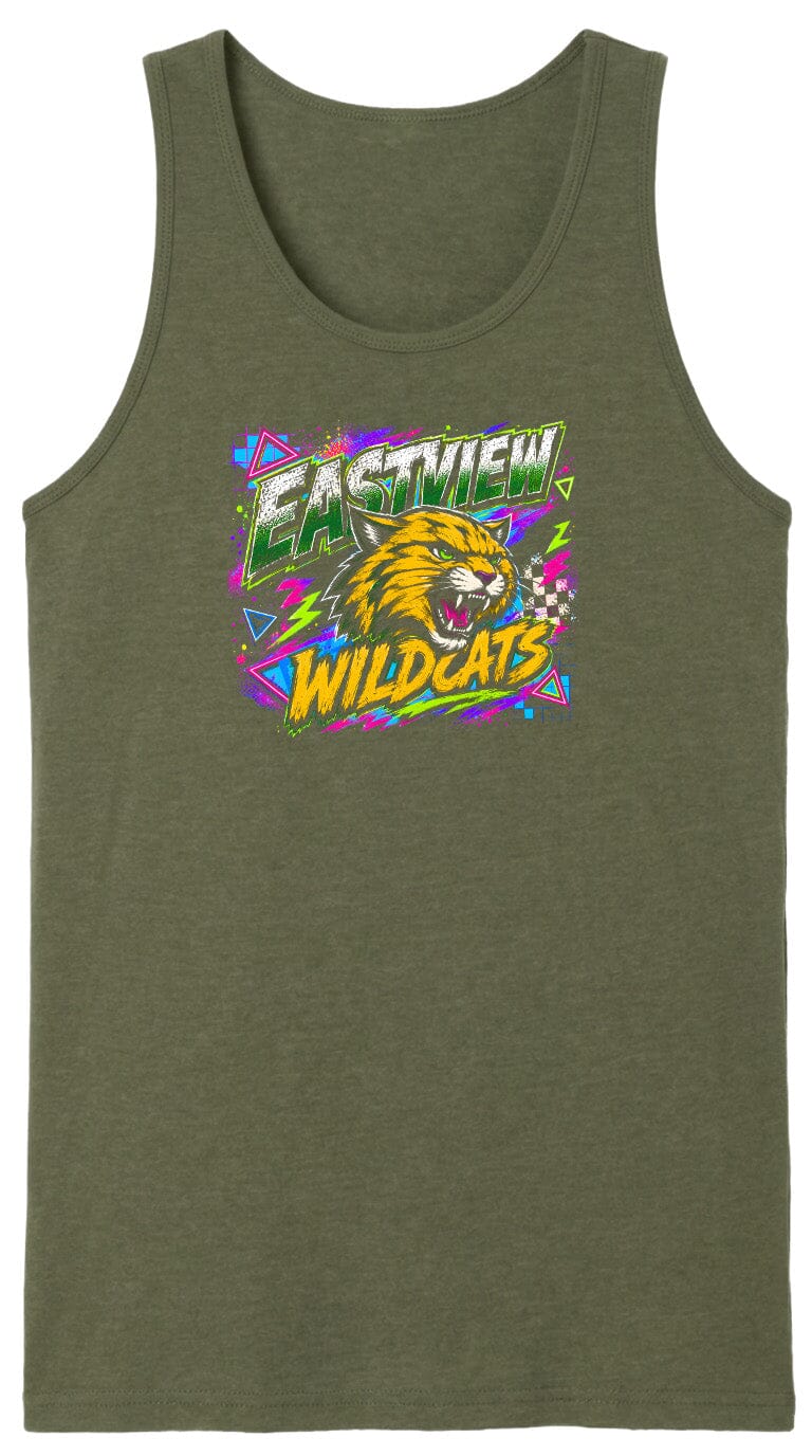 A green tank top with a graphic design featuring a cartoon cat and the text "EASTVIEW WILDCATS".