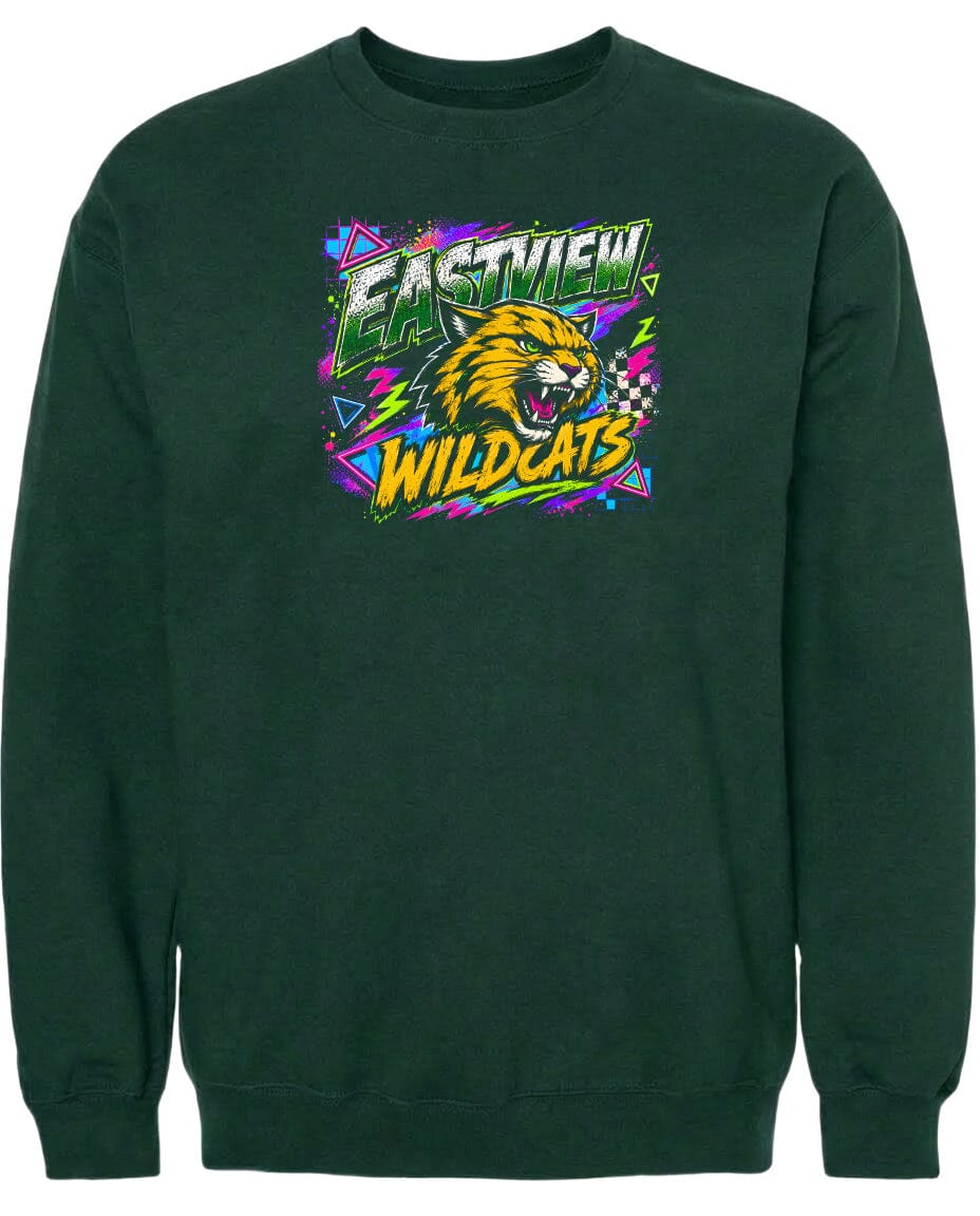 A dark green sweatshirt with a graphic design featuring a fierce-looking cat and the text "EASTVIEW WILDCATS" in a colorful, retro-style font.