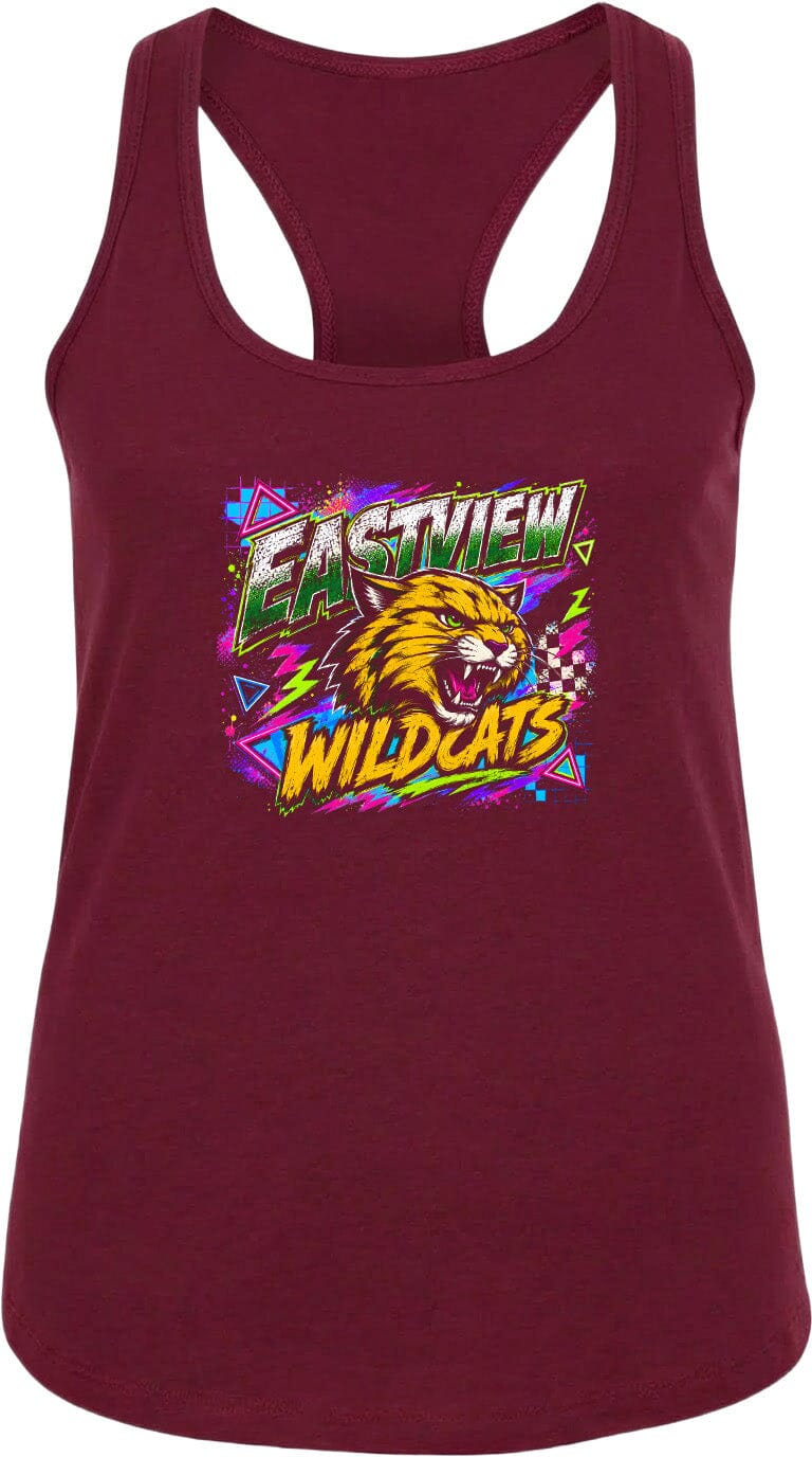 A burgundy tank top with a graphic design featuring a cat's head and the text "EASTVIEW WILDCATS" in a colorful, retro-style font.