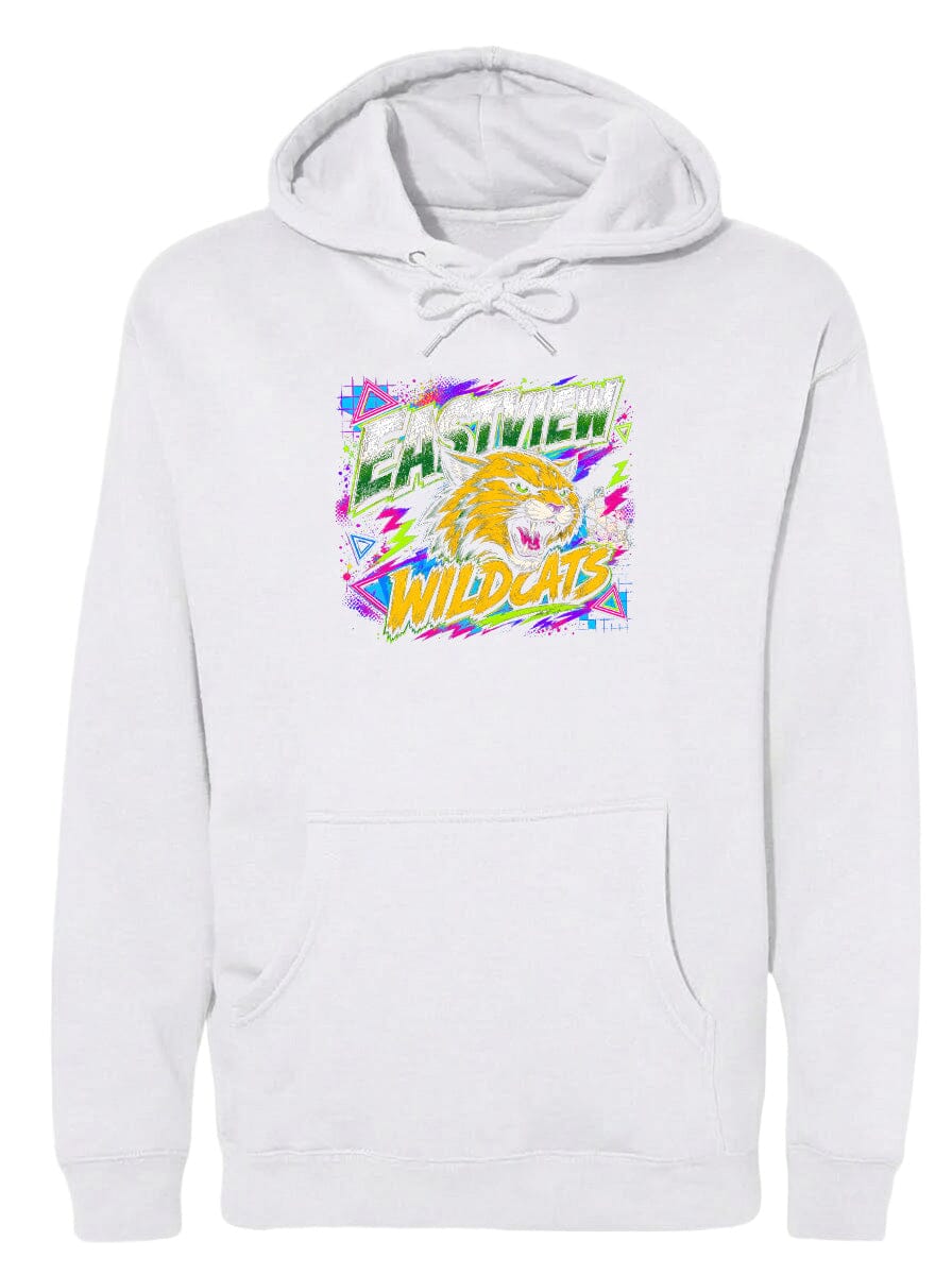A white hoodie with a graphic design featuring a tiger's head and the text "EAST VIRGINIA WILD CATS" printed on it.