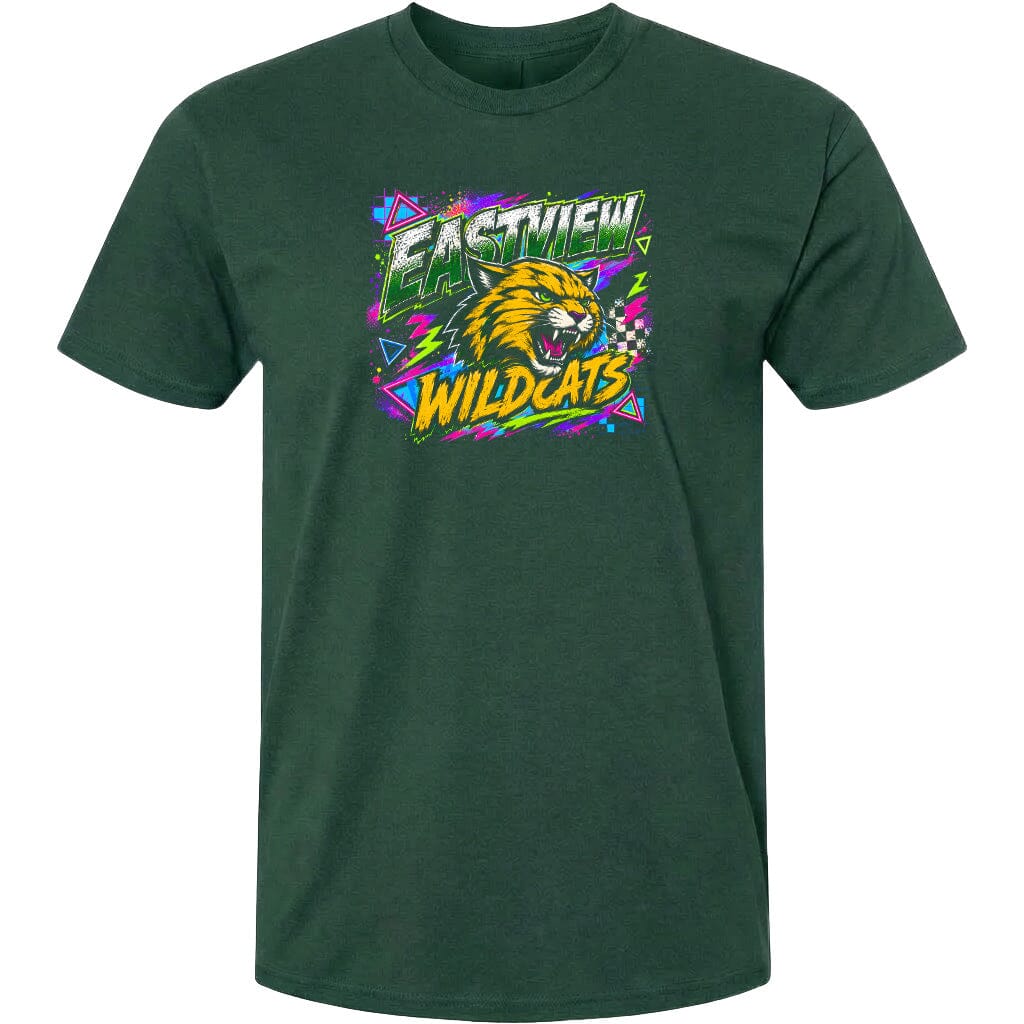 A green t-shirt with a graphic design featuring a cartoon-like wildcat and the text "EASTVIEW WILDCATS" in a colorful, stylized font.