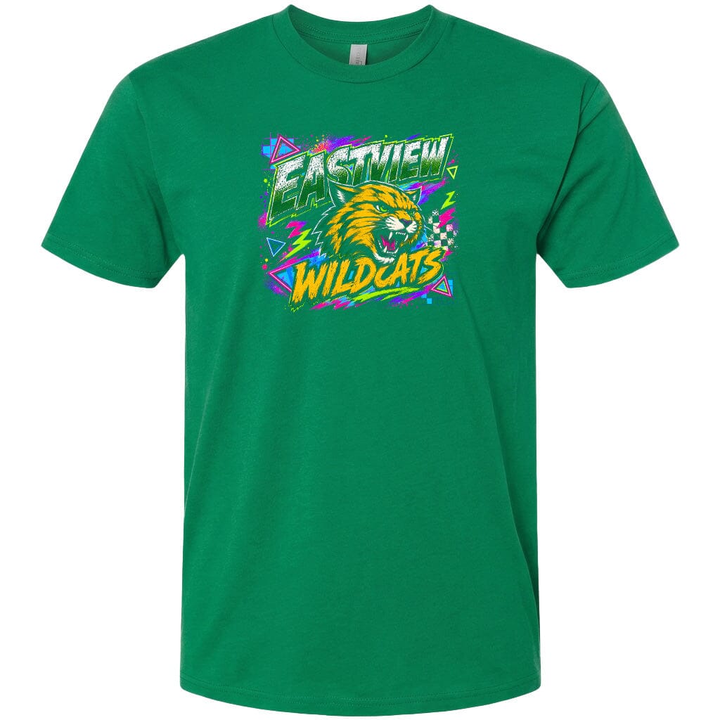 A green t-shirt with a graphic design featuring a stylized depiction of a wildcat and the text "EASTVIEW WILDCATS" printed on it.