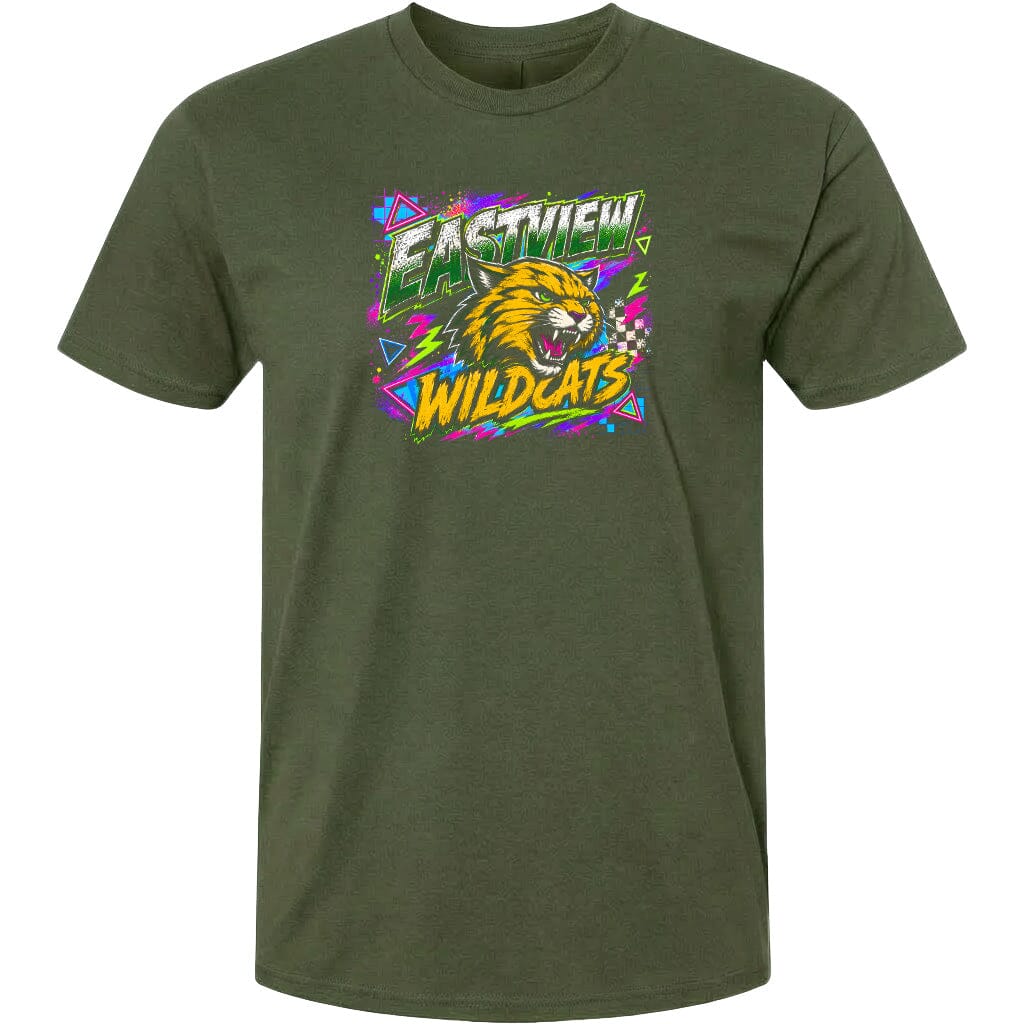 A green t-shirt with a graphic design featuring a cartoon-like wildcat and the text "EASTVIEW WILDCATS" in a colorful, stylized font.