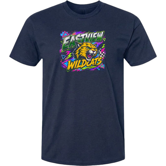 A navy blue t-shirt with a graphic design featuring a stylized depiction of a wildcat and the text "EASTVIEW WILDCATS" in a colorful, retro-inspired style.
