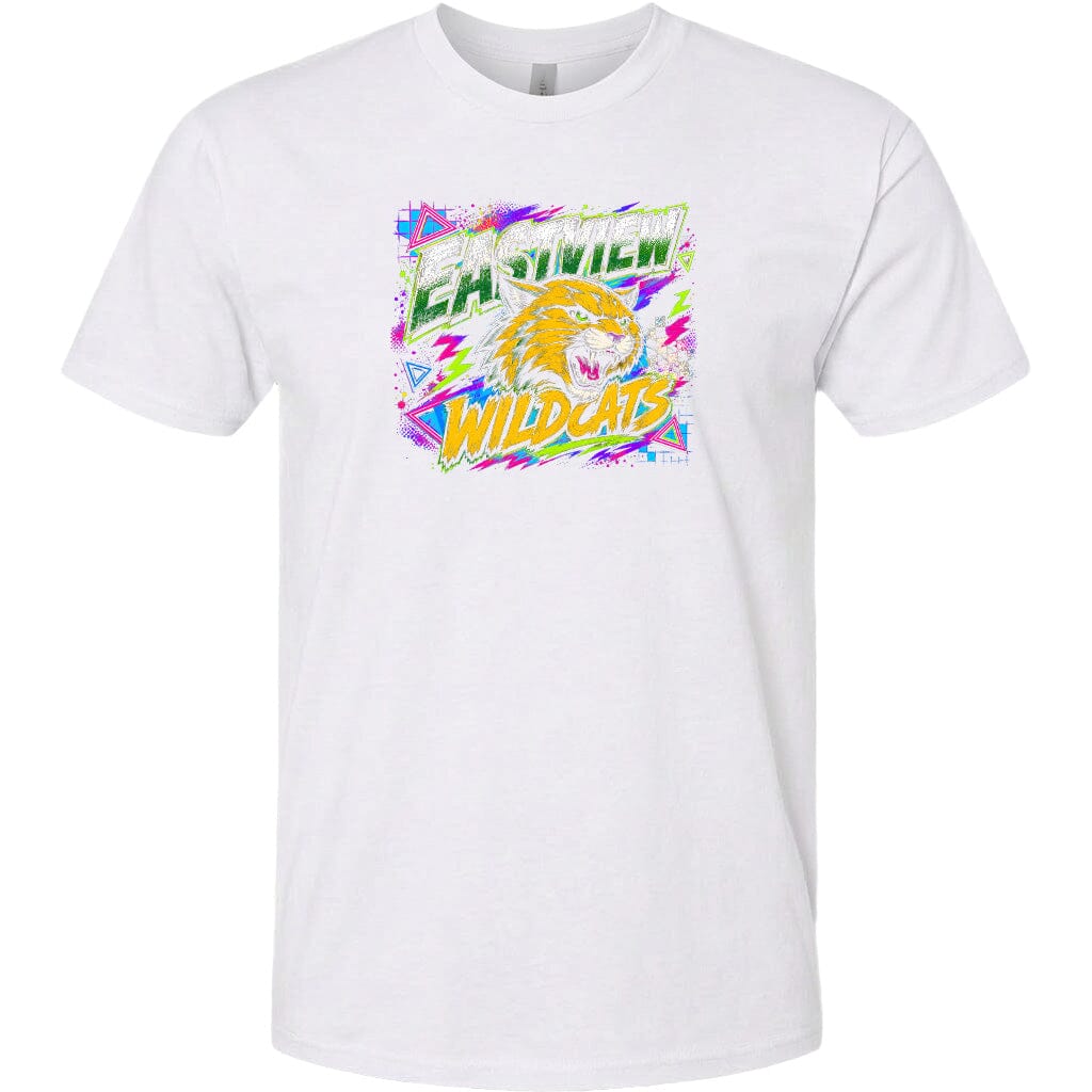 A white t-shirt with a graphic design featuring a stylized depiction of a tiger or lion surrounded by colorful, abstract shapes and patterns.