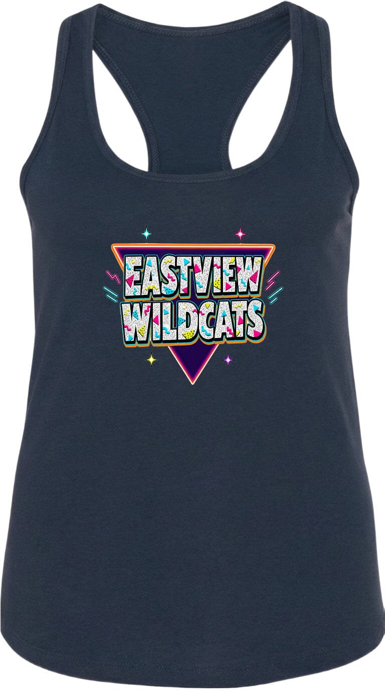 A navy blue tank top with a colorful graphic design featuring the text "EASTVIEW WILDCATS" in a retro style.