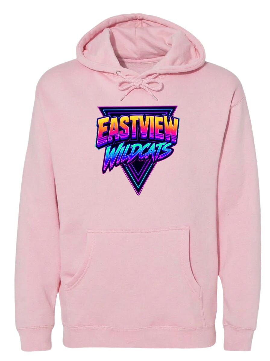 A pink hoodie with a graphic design featuring the text "EASTVIEW WILDCATS" in a retro style.