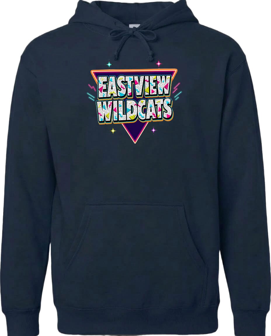 A navy blue hoodie with a graphic design featuring the text "EASTVIEW WILDCATS" in a colorful, retro-style font.