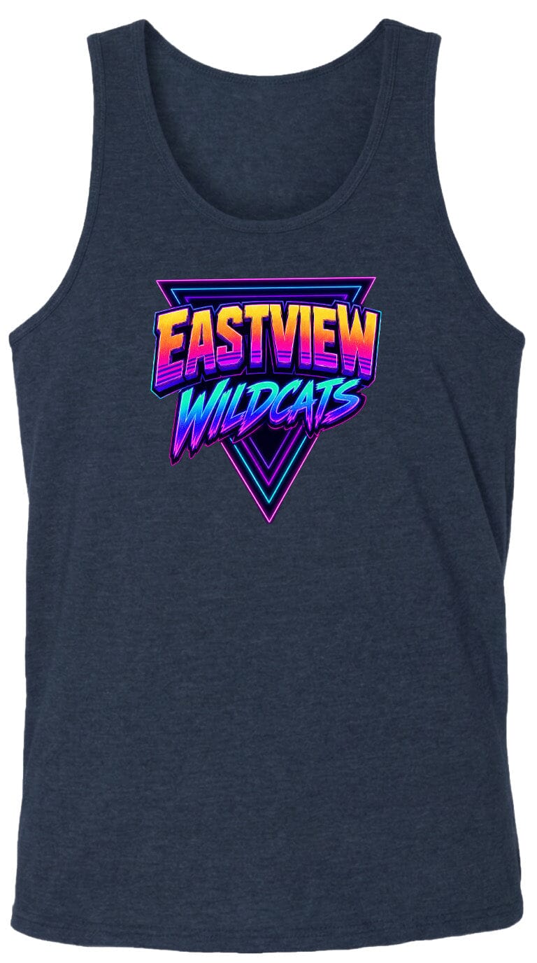 A dark blue tank top with a graphic design featuring the text "EASTVIEW WILDCATS" in a retro, neon-style font.