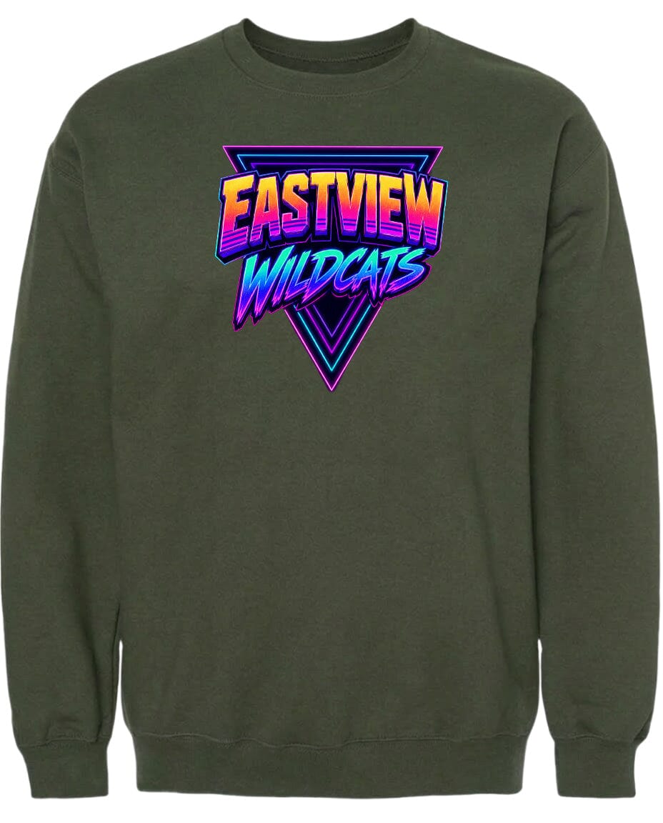 A dark green sweatshirt with a graphic design featuring the text "EASTVIEW WILDCATS" in a colorful, retro-style font.