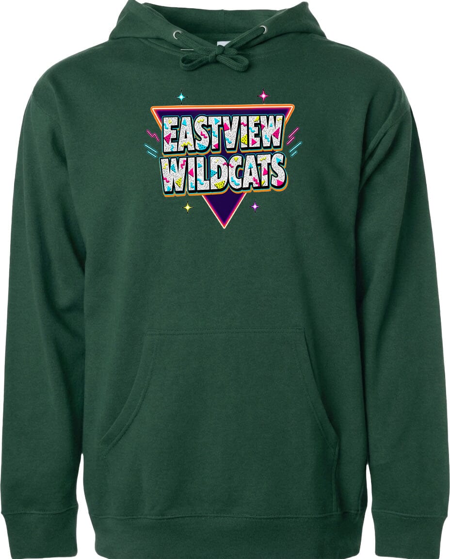 A green hoodie with a graphic design featuring the text "EASTVIEW WILDCATS" in a colorful, retro-style font.