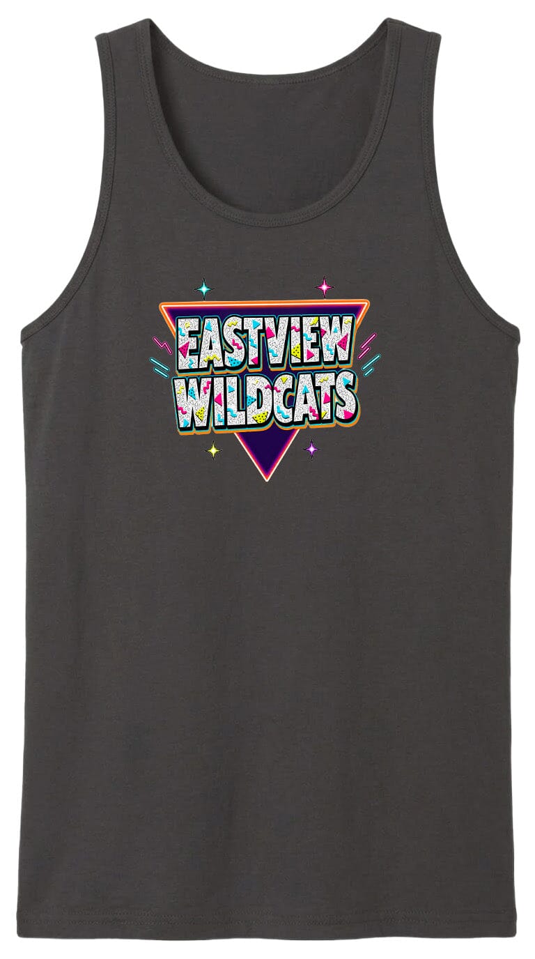 A black tank top with a colorful graphic design featuring the text "EASTVIEW WILDCATS" in a retro style.