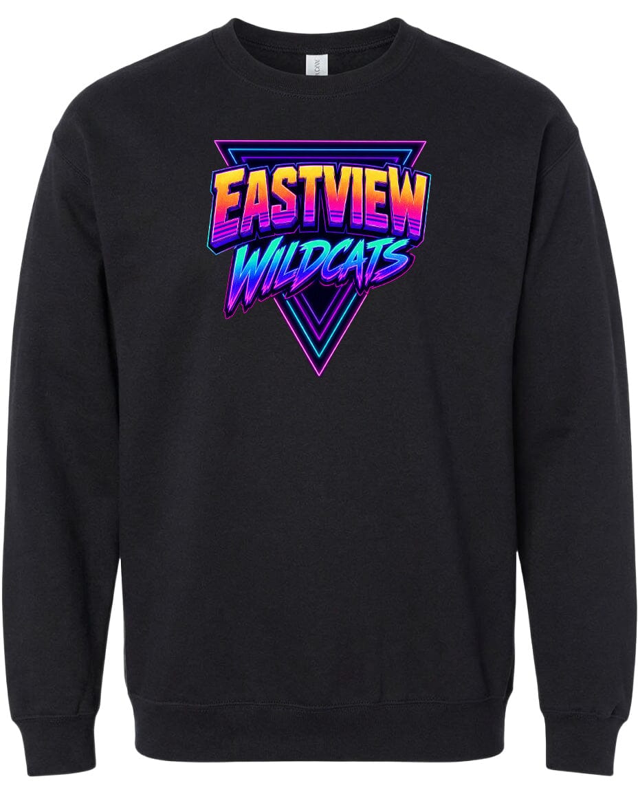 A black sweatshirt with a colorful graphic design on the front.