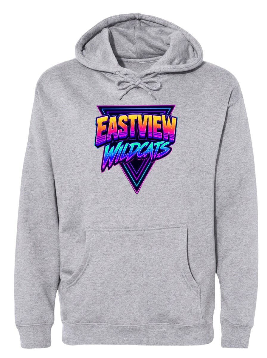 A gray hoodie with a graphic design featuring the text "EASTVIEW WILDCATS" in a colorful, retro-style font.