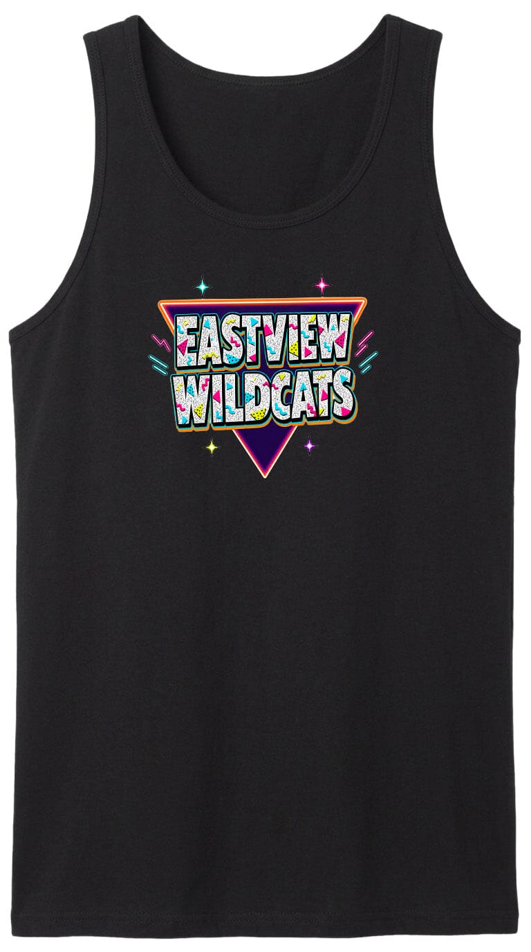 A black tank top with a colorful graphic design featuring the text "EASTVIEW WILDCATS" in a retro style.