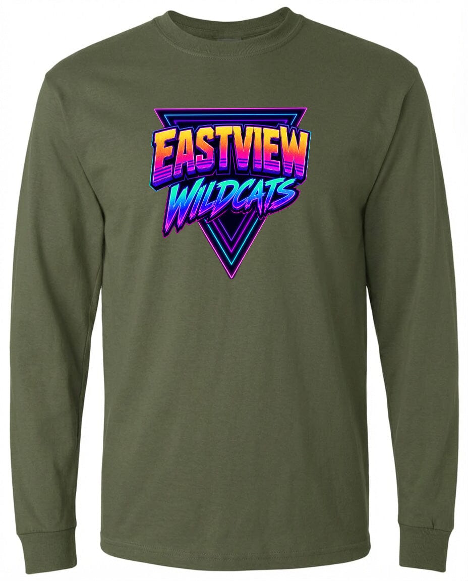 A long-sleeved olive green t-shirt with a graphic design featuring the text "EASTVIEW WILDCATS" in a colorful, retro-style font.