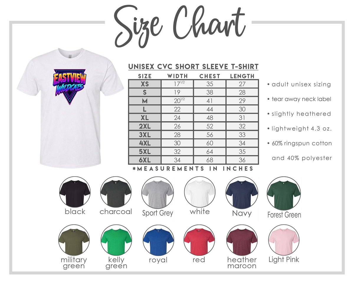 The image is a size chart for a white short sleeve t-shirt, including various color options and corresponding measurements in inches.