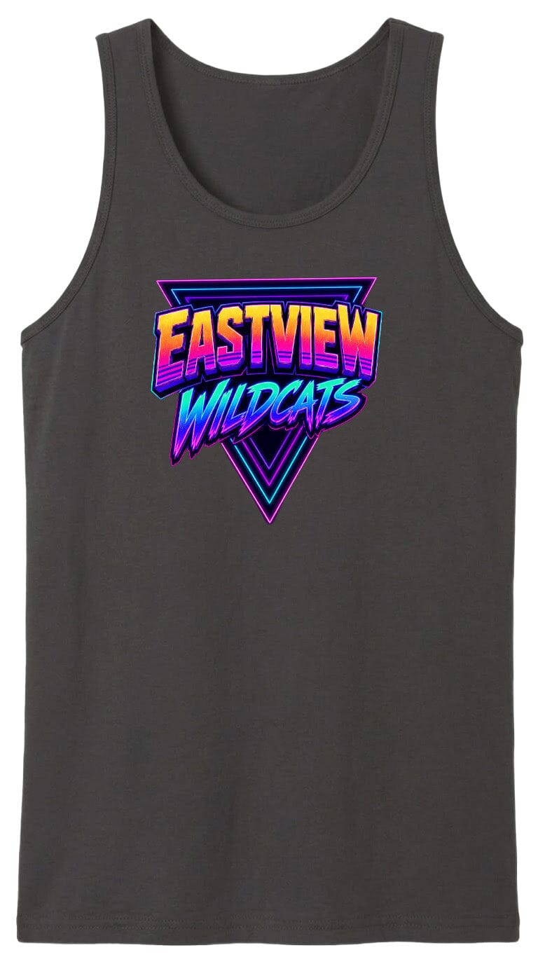 A gray tank top with a graphic design featuring the text "EASTVIEW WILDCATS" in a retro, neon-style font.