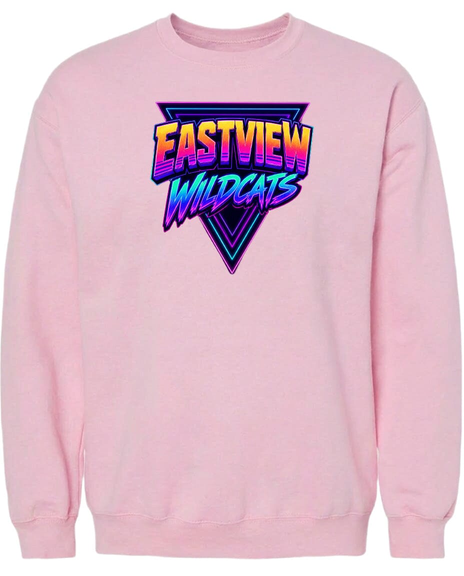 A pink sweatshirt with a graphic design featuring the text "EASTVIEW WILDCATS" in a stylized font.