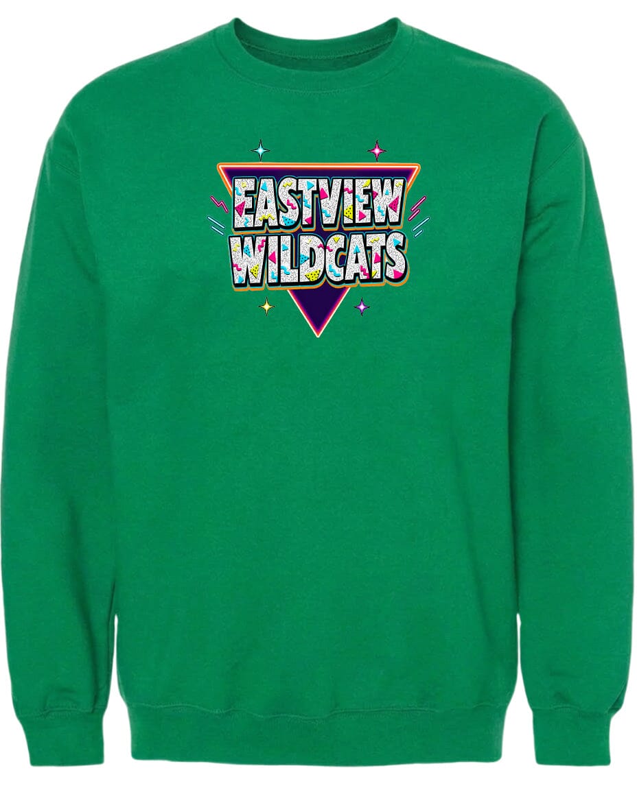 A bright green sweatshirt with a colorful graphic design on the front.