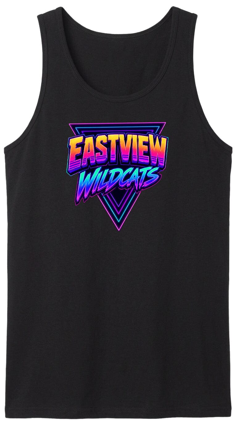 A black tank top with a colorful graphic design featuring the text "EASTVIEW WILDCATS" in a retro style.