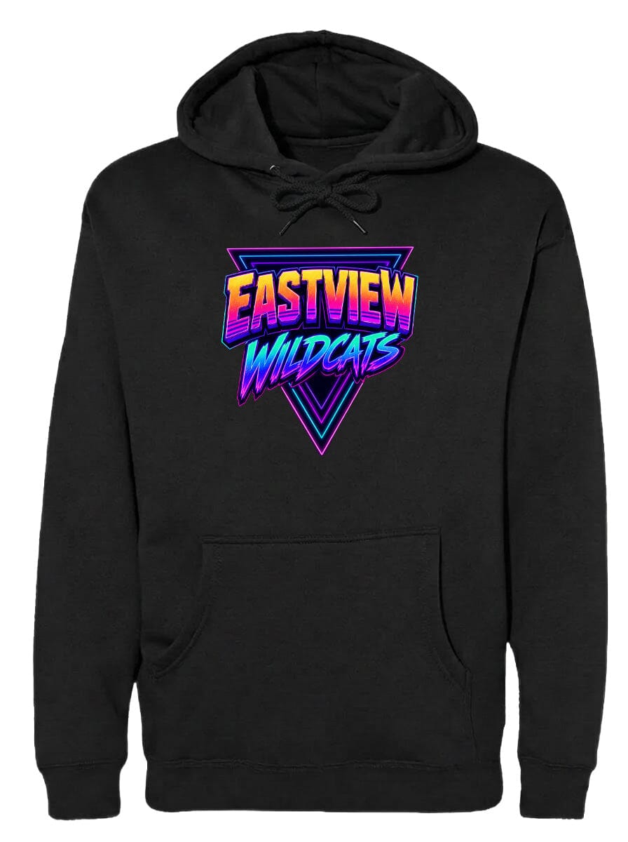 A black hoodie with a graphic design featuring the text "EASTVIEW WILDCATS" in a colorful, retro-style font.