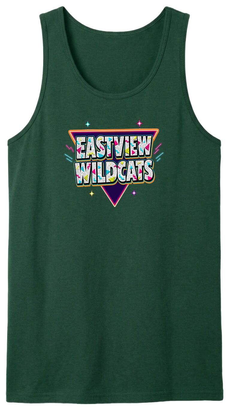 A green tank top with a colorful graphic design featuring the text "EASTVIEW WILDCATS" in a retro style.
