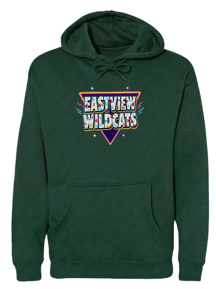 A green hoodie with a graphic design featuring the text "EASTVIEW WILDCATS" in a colorful, retro-style font.