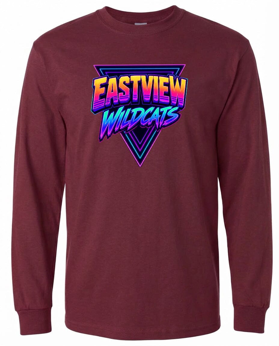 A burgundy long-sleeved t-shirt with a graphic design featuring the text "EASTVIEW WILDCATS" in a colorful, retro-style font.