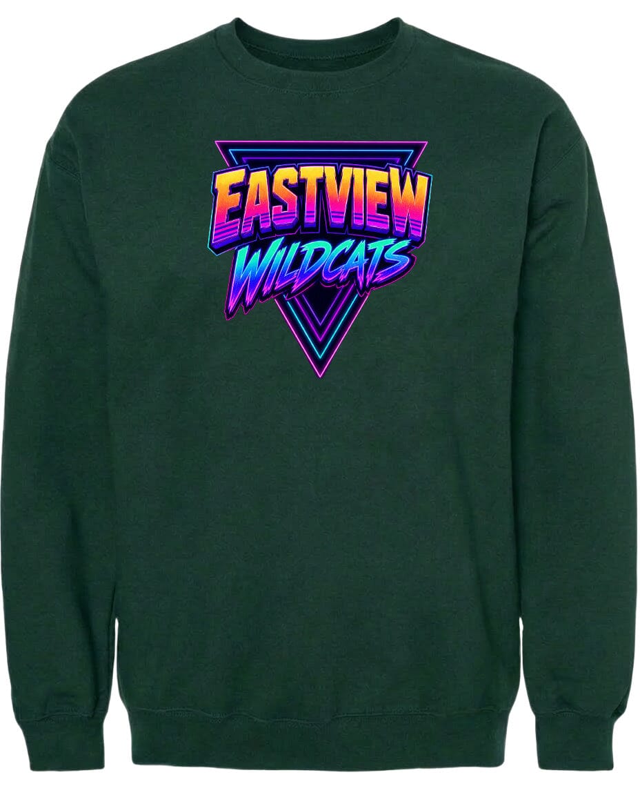 A dark green sweatshirt with a graphic design featuring the text "EASTVIEW WILDCATS" in a colorful, retro-style font.