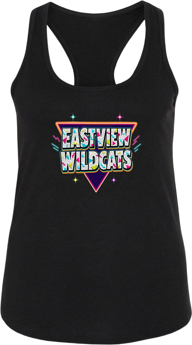 A black tank top with a colorful graphic design featuring the text "EASTVIEW WILDCATS" in a retro-style font.