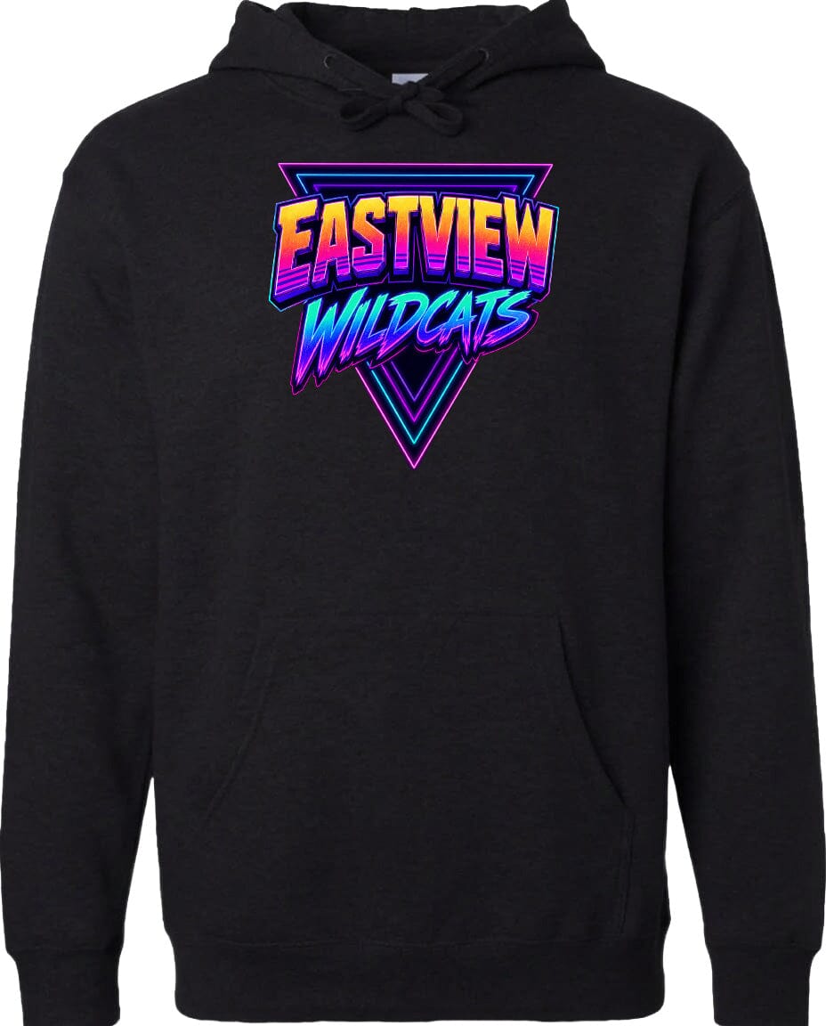 A black hoodie with a graphic design featuring the text "EASTVIEW WILDCATS" in a colorful, retro-style font.