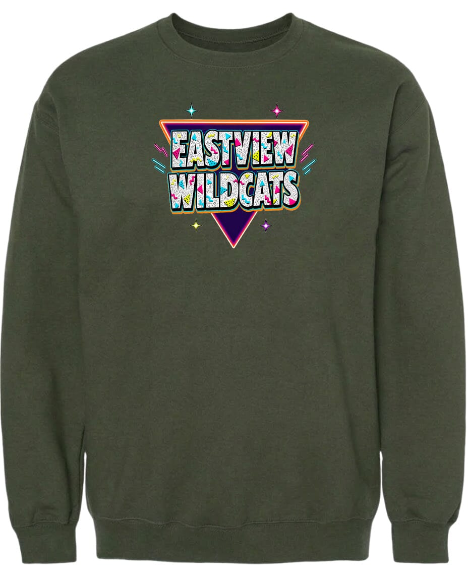 A dark green sweatshirt with a colorful graphic design on the front.
