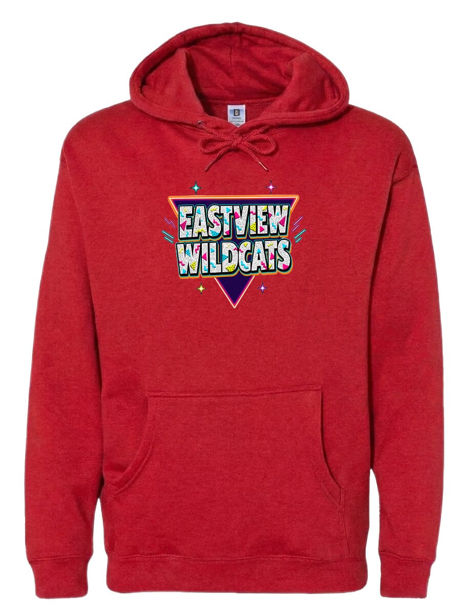 A red hoodie with a graphic design featuring the text "EASTVIEW WILDCATS" in a colorful, retro-style font.