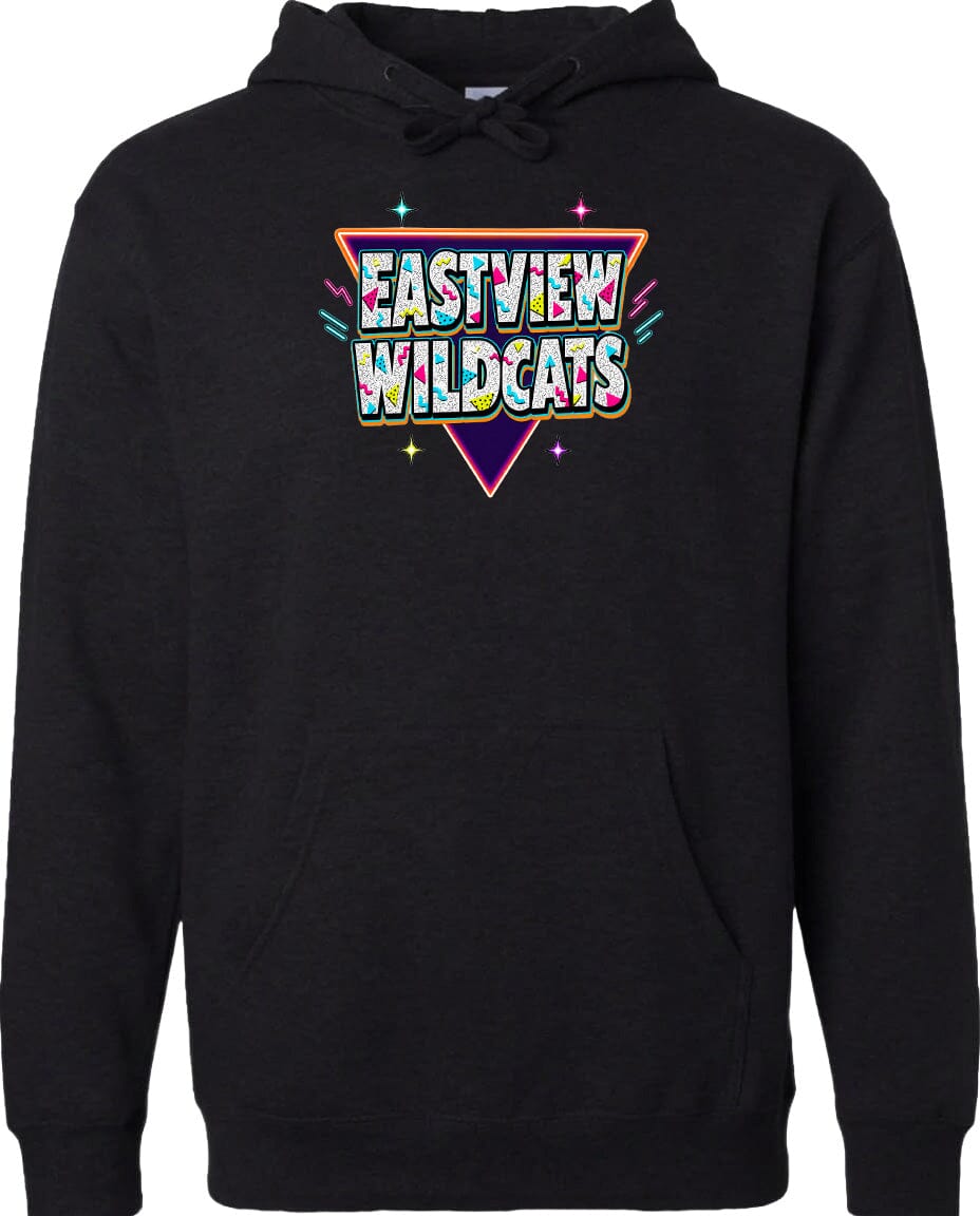 A black hoodie with a colorful graphic design on the front.