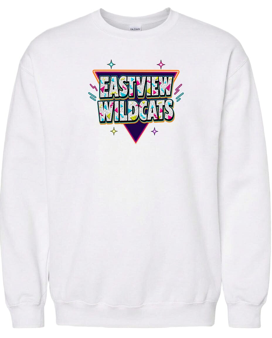 A white sweatshirt with a colorful graphic design featuring the text "EASTVIEW WILDCATS" in a retro style.