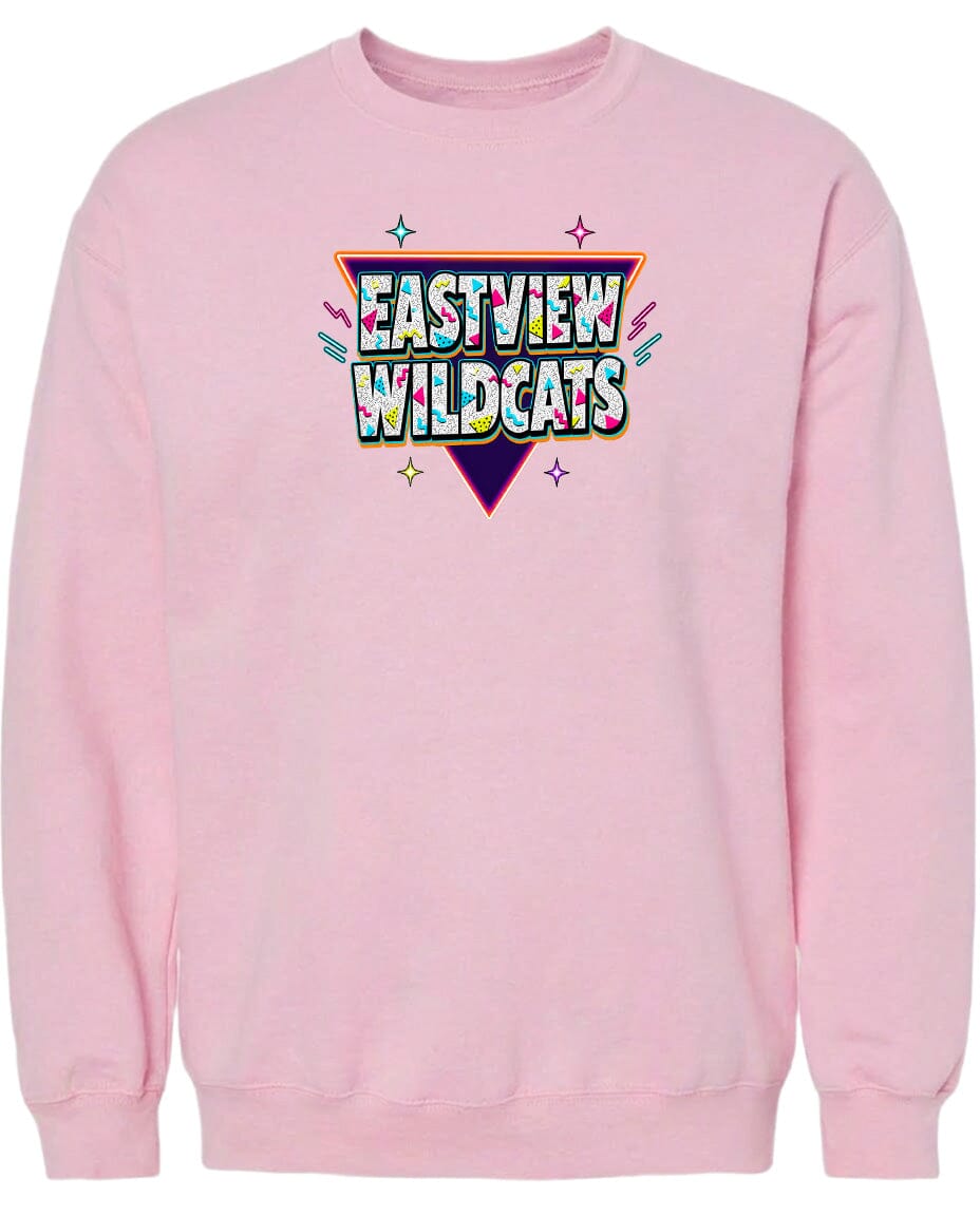 A pink sweatshirt with a graphic design featuring the text "EASTVIEW WILDCATS" in a colorful, retro-style font.