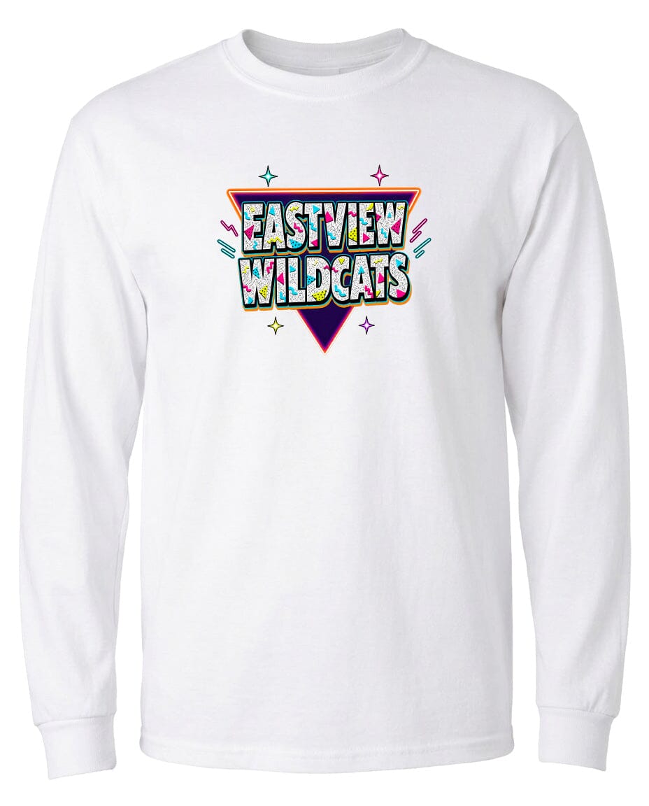 A white long-sleeved t-shirt with a colorful graphic design featuring the text "EASTVIEW WILDCATS" in a retro style.