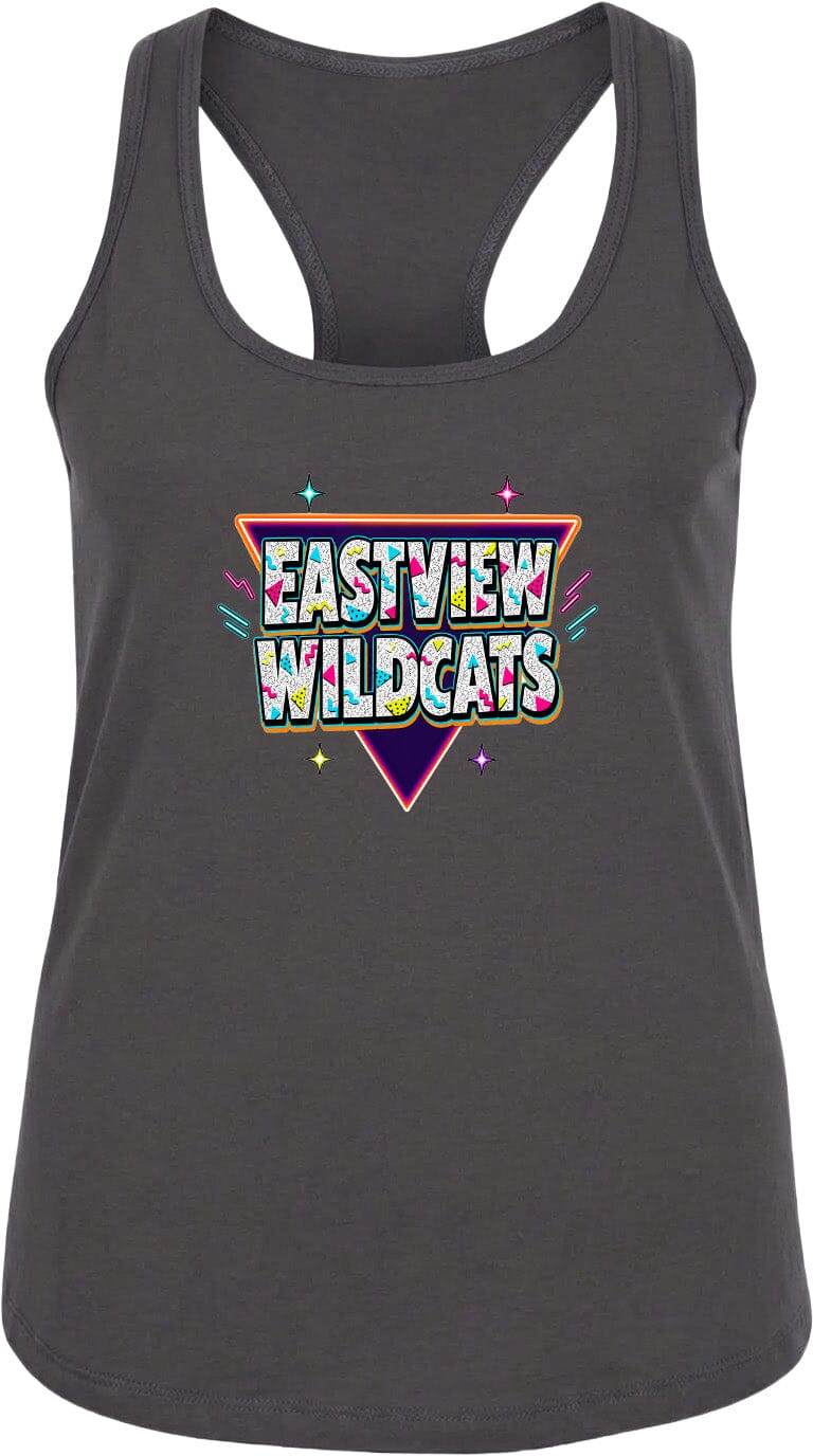 A gray tank top with a colorful graphic design featuring the text "EASTVIEW WILDCATS" in a stylized font.