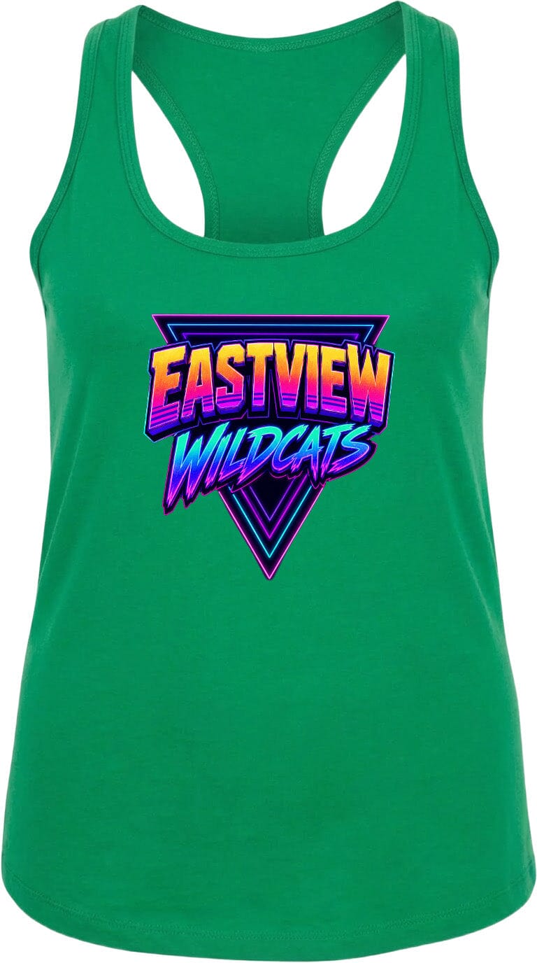 A green tank top with a graphic design featuring the text "EASTVIEW WILDCATS" in a colorful, retro-style font.