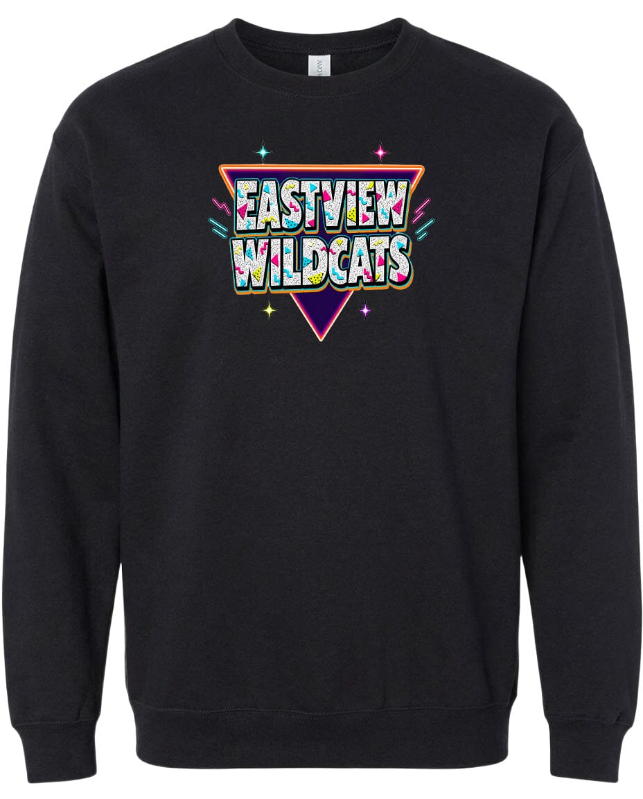 A black sweatshirt with a colorful graphic design on the front.