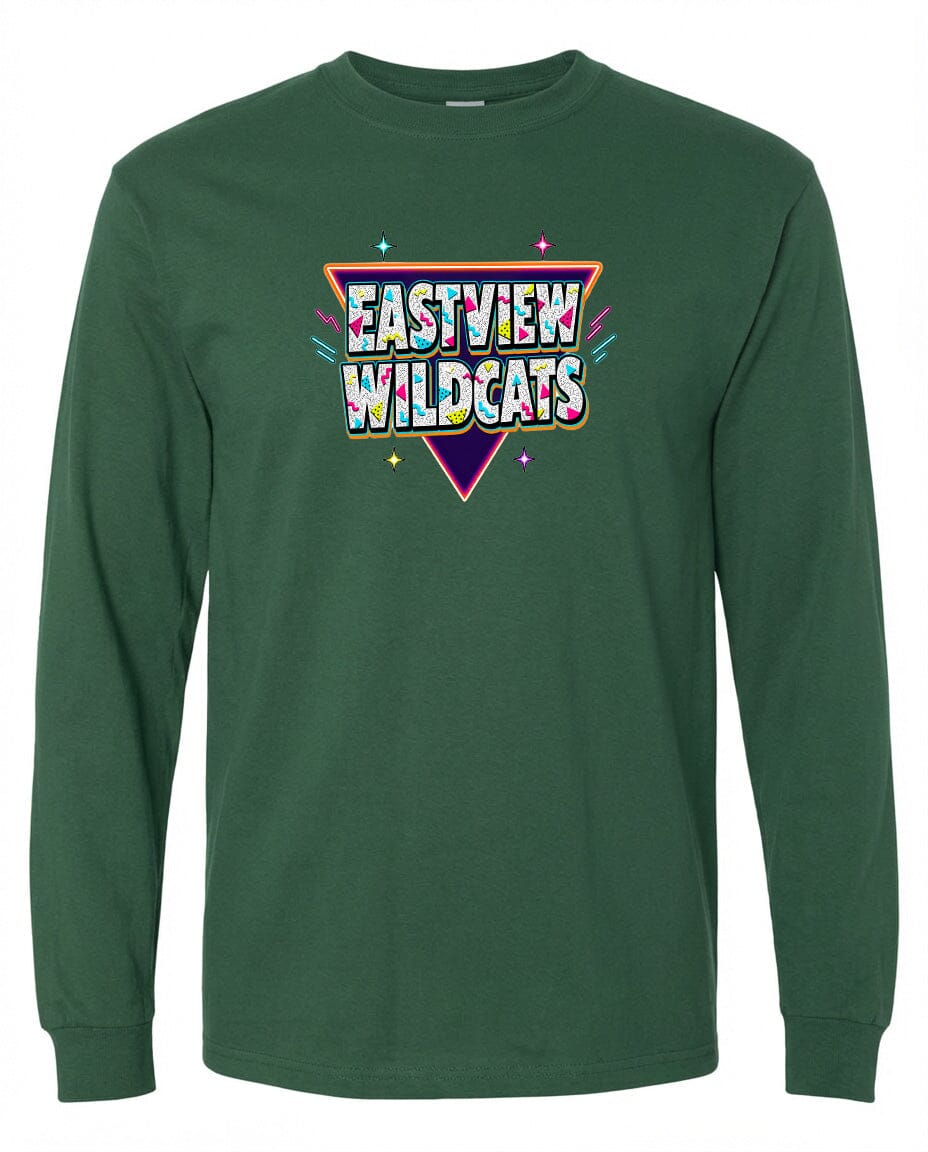 A green long-sleeved shirt with a colorful graphic design featuring the text "EASTVIEW WILDCATS" in a retro style.