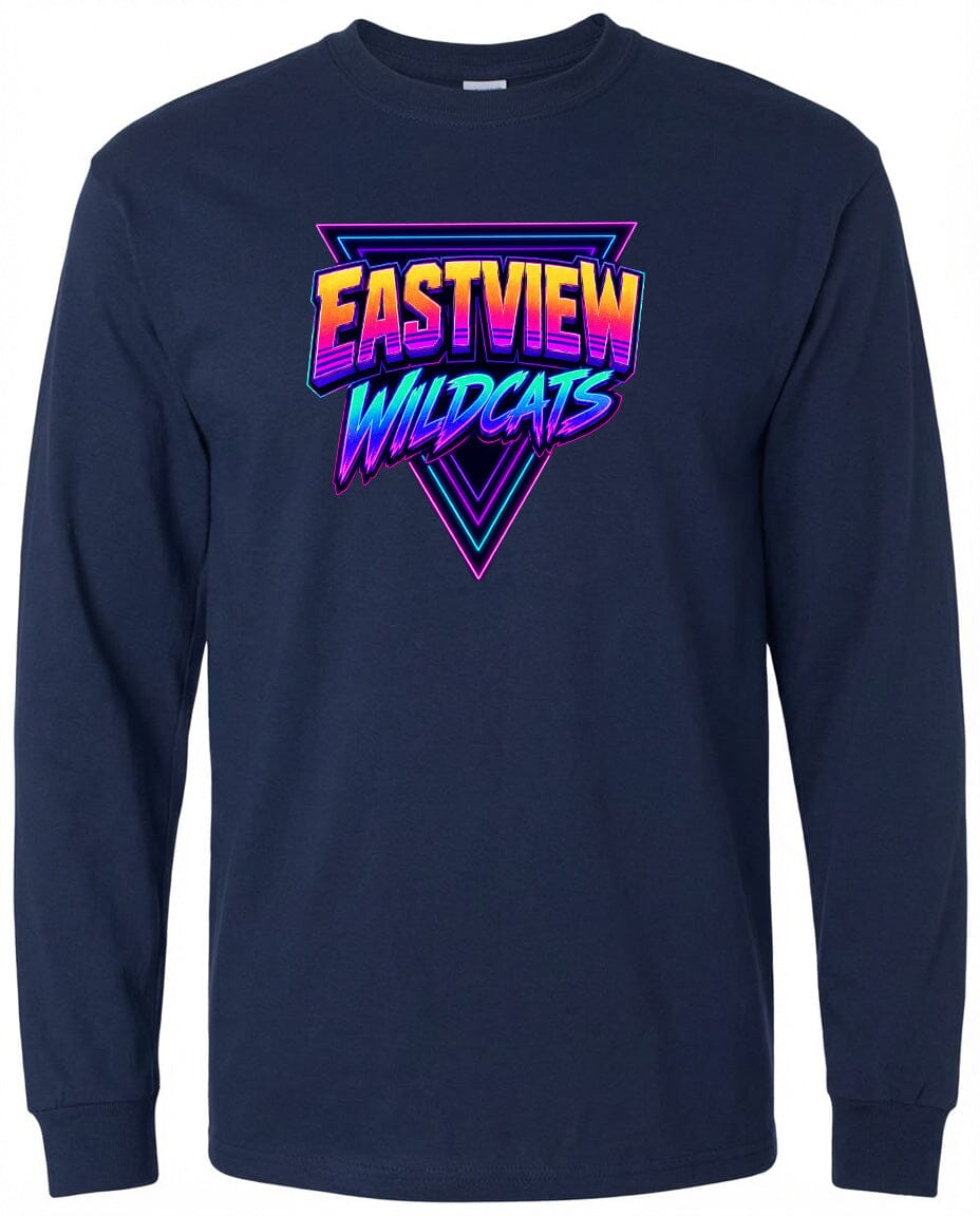 A navy blue long-sleeved shirt with a graphic design featuring the text "EASTVIEW WILDCATS" in a colorful, retro-style font.
