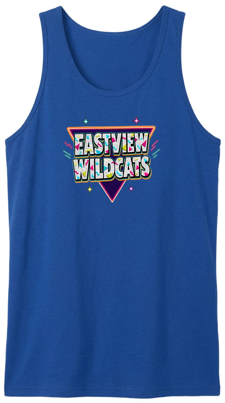 A blue tank top with a colorful graphic design featuring the text "EASTVIEW WILDCATS" in a retro style.